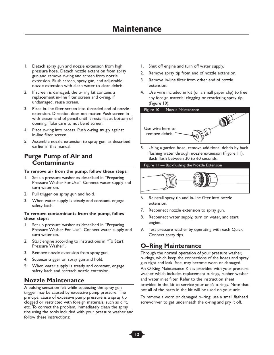 Maintenance, Purge pump of air and contaminants, Nozzle maintenance | O–ring maintenance | Husqvarna 1337PW User Manual | Page 12 / 20