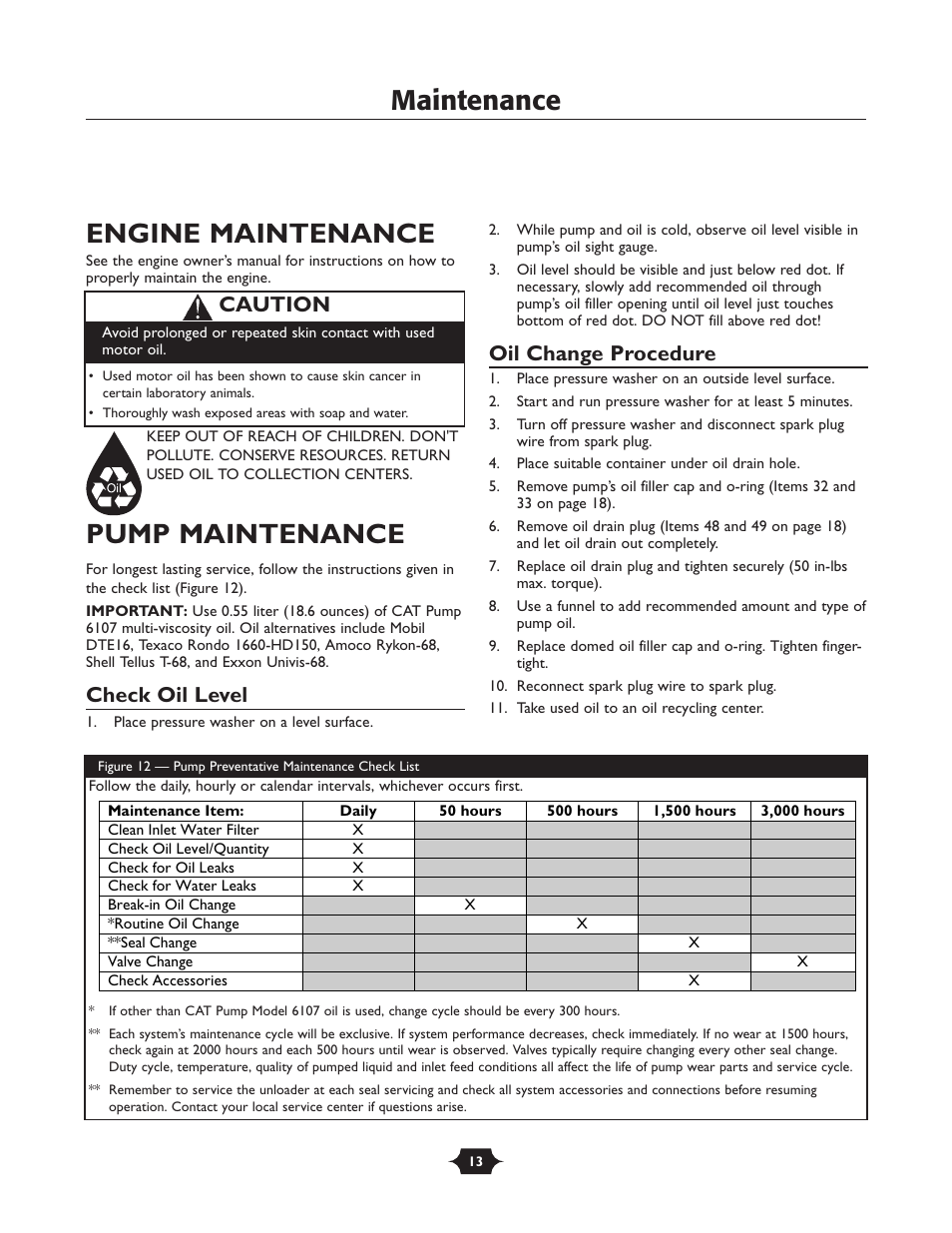 Engine maintenance, Pump maintenance, Maintenance | Check oil level, Oil change procedure, Caution | Husqvarna 1337PW User Manual | Page 13 / 20