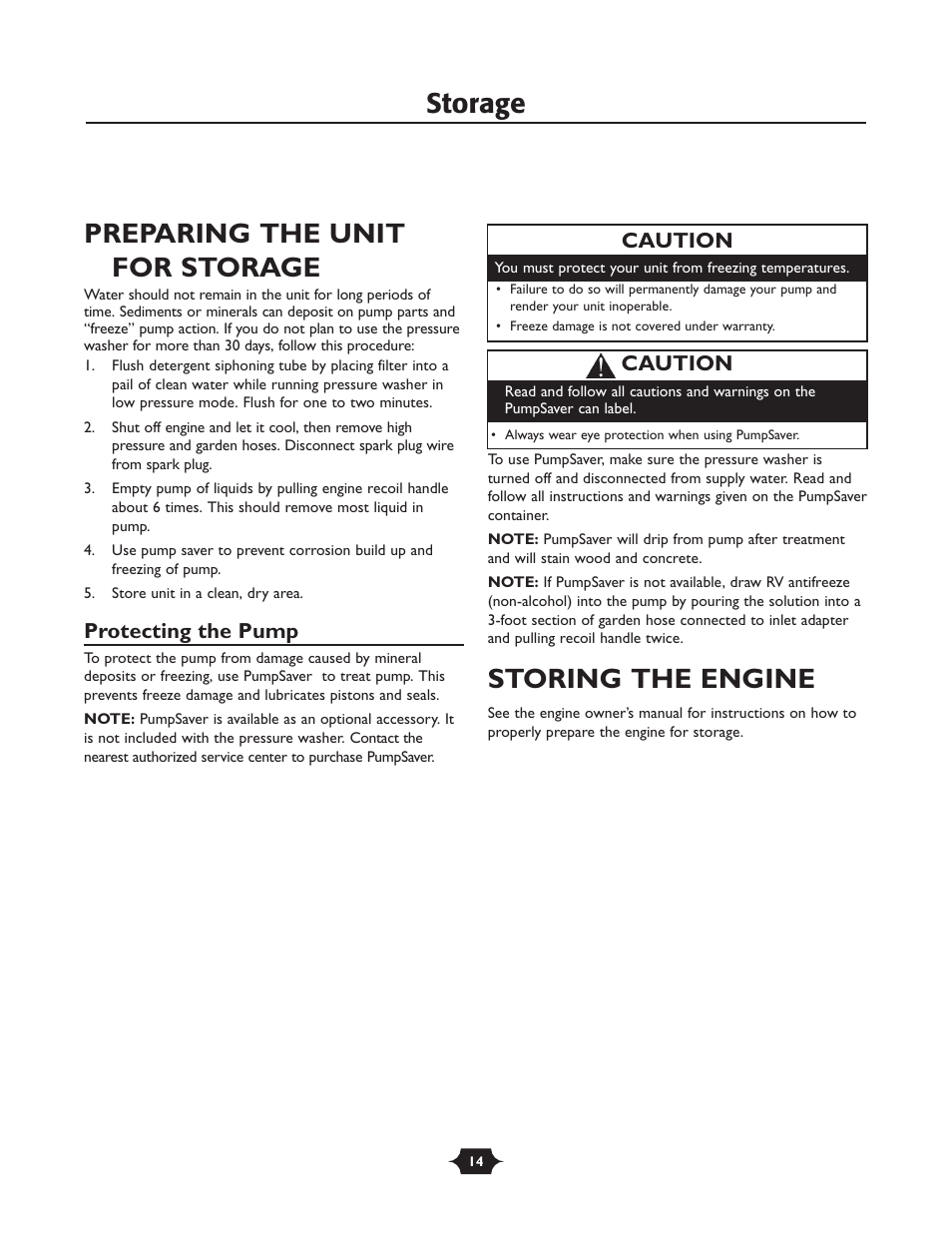 Storage, Storage preparing the unit for storage, Storing the engine | Protecting the pump, Caution | Husqvarna 1337PW User Manual | Page 14 / 20