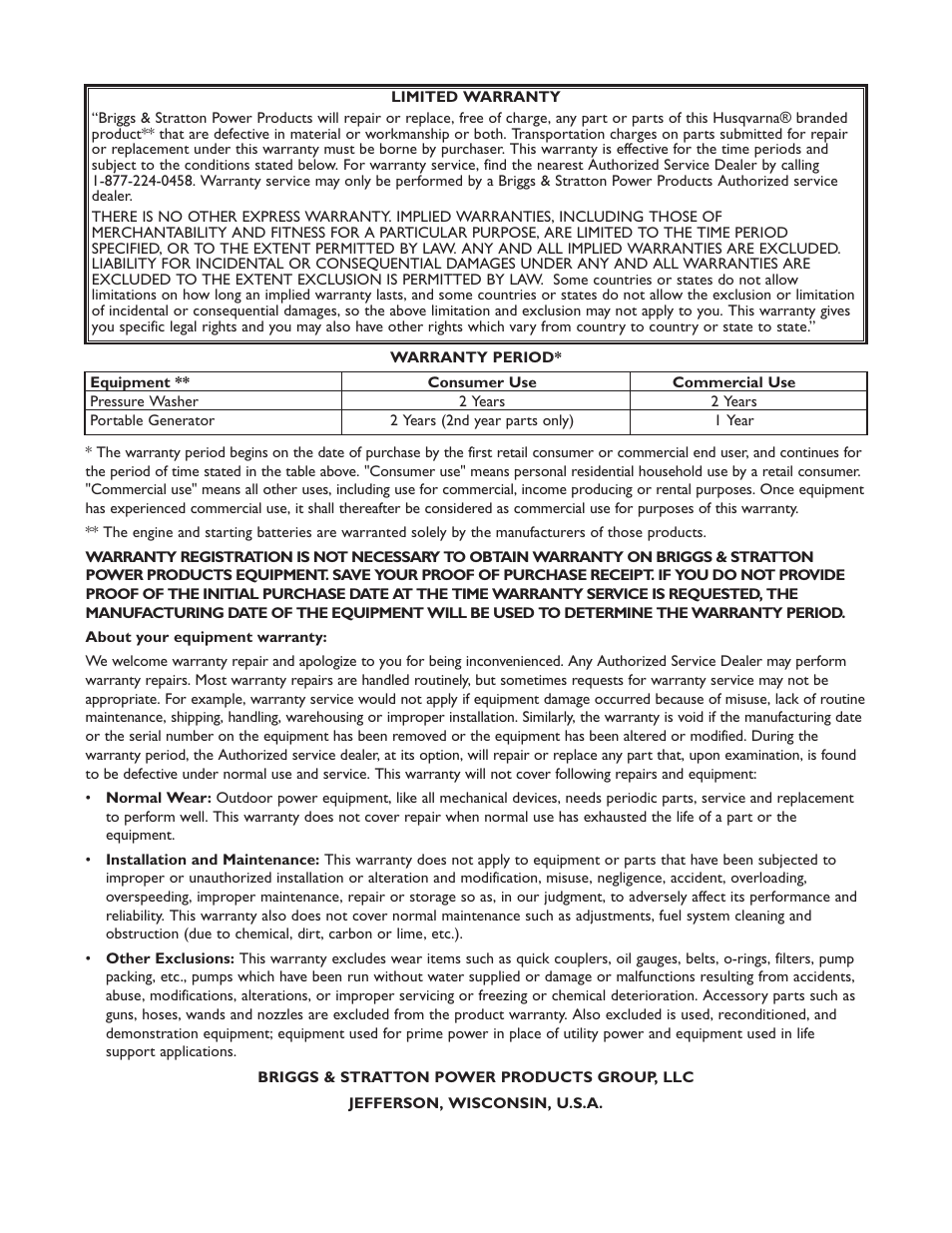 Warranty | Husqvarna 1337PW User Manual | Page 20 / 20