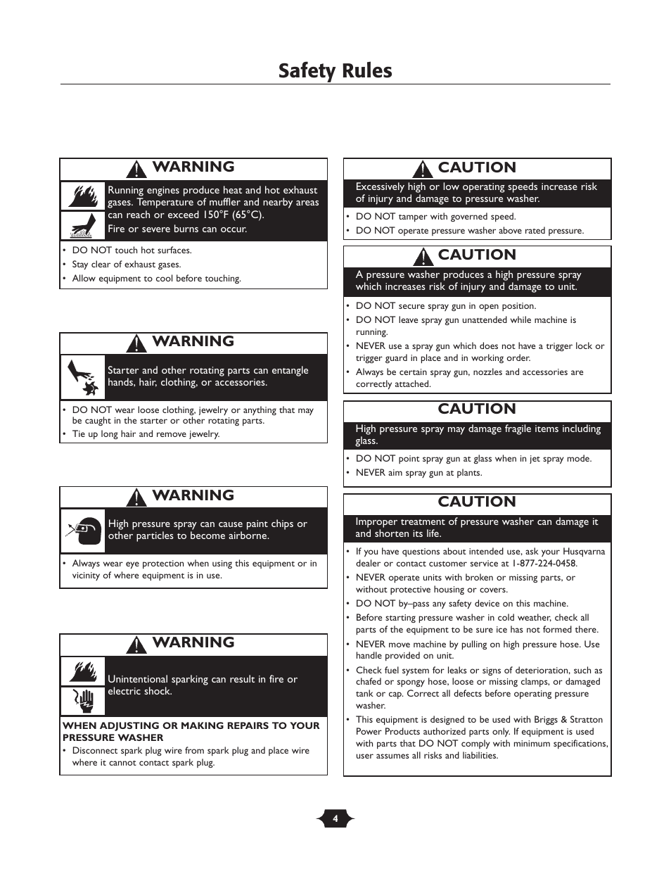 Safety rules, Caution, Warning | Husqvarna 1337PW User Manual | Page 4 / 20