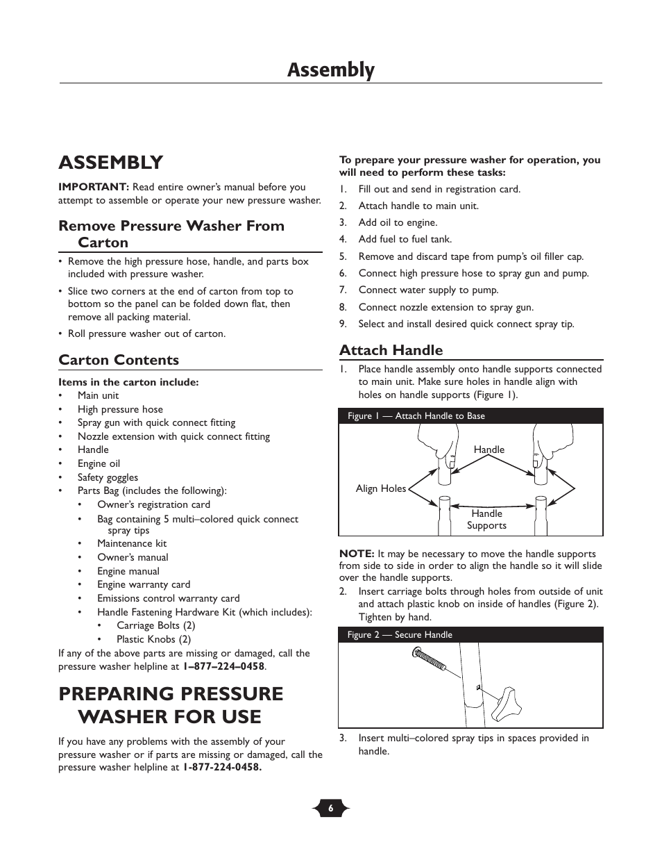 Assembly, Assembly assembly, Preparing pressure washer for use | Remove pressure washer from carton, Carton contents, Attach handle | Husqvarna 1337PW User Manual | Page 6 / 20