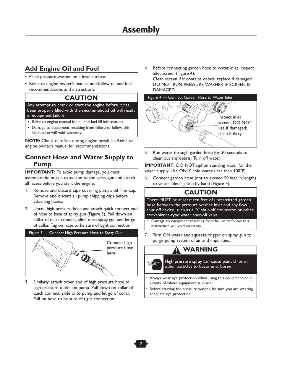 Assembly, Add engine oil and fuel, Connect hose and water supply to pump | Caution, Warning | Husqvarna 1337PW User Manual | Page 7 / 20