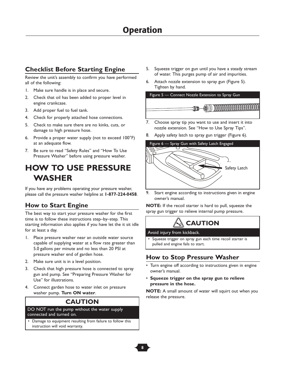 Operation, How to use pressure washer, Checklist before starting engine | How to start engine, How to stop pressure washer, Caution | Husqvarna 1337PW User Manual | Page 8 / 20