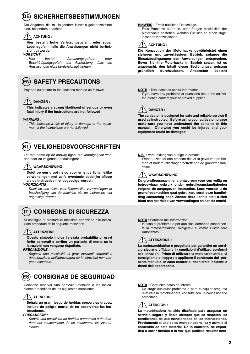 Sicherheitsbestimmungen, Safety precautions, Veiligheidsvoorschriften | Consegne di sicurezza, Consignas de seguridad, De en nl it es | Husqvarna T 55R User Manual | Page 3 / 21