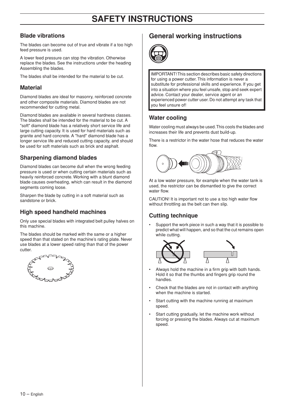 Blade vibrations, Material, Sharpening diamond blades | High speed handheld machines, General working instructions, Water cooling, Cutting technique, Safety instructions | Husqvarna K650 User Manual | Page 10 / 24
