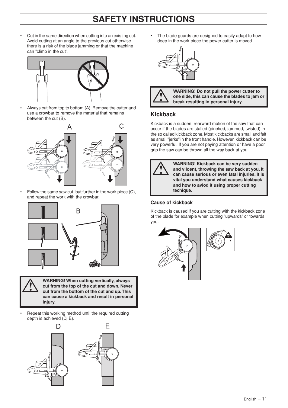 Kickback, Safety instructions | Husqvarna K650 User Manual | Page 11 / 24