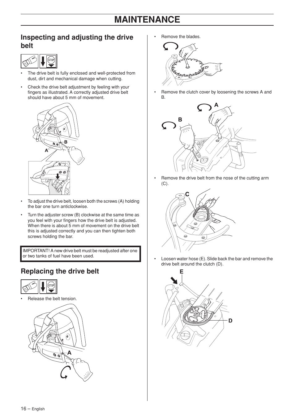 Inspecting and adjusting the drive belt, Replacing the drive belt, Maintenance | Husqvarna K650 User Manual | Page 16 / 24