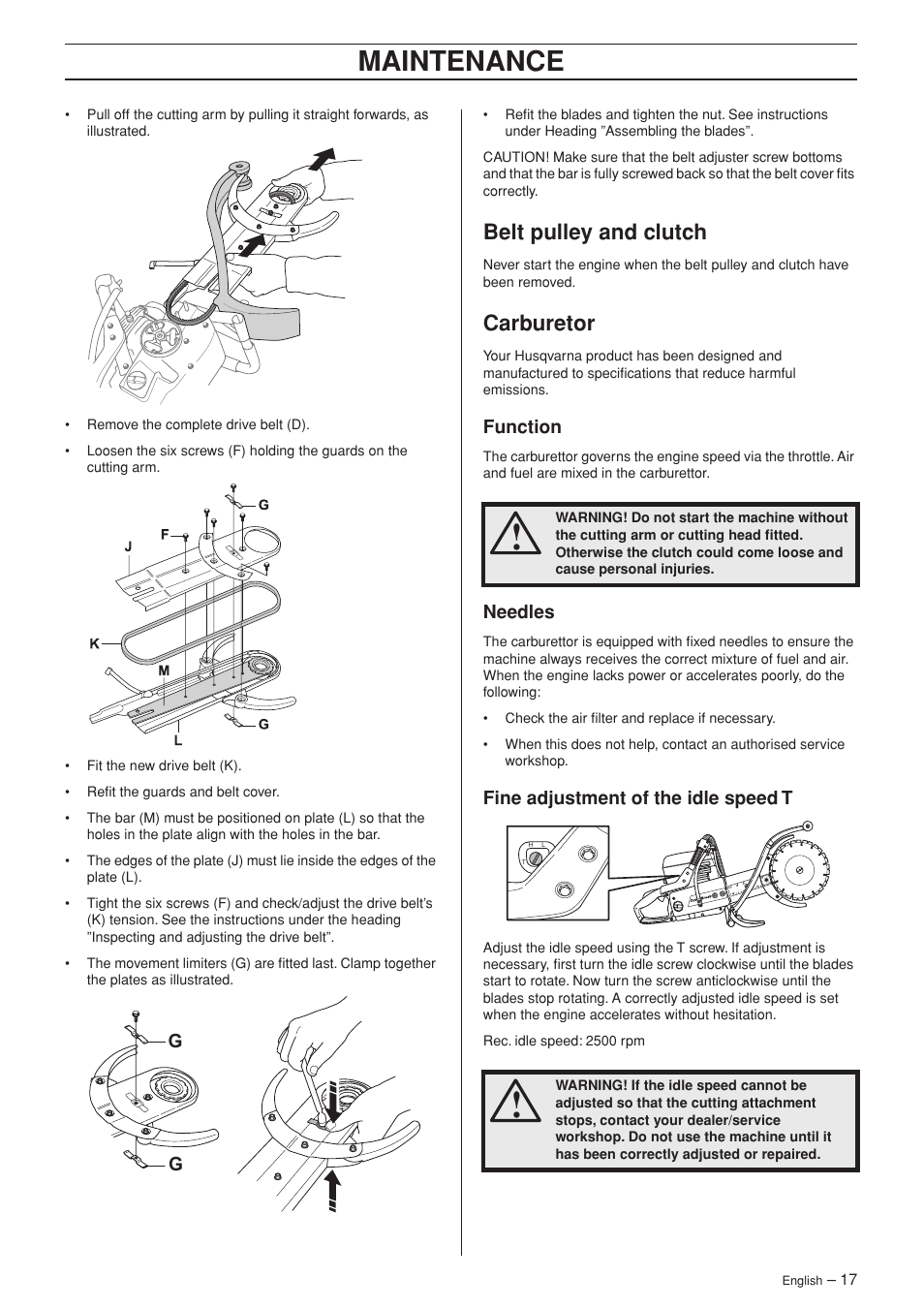 Belt pulley and clutch, Carburetor, Function | Needles, Fine adjustment of the idle speed t, Maintenance | Husqvarna K650 User Manual | Page 17 / 24