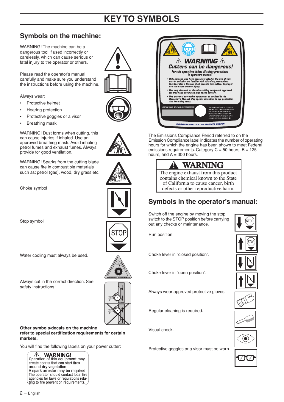 Symbols on the machine, Symbols in the operator’s manual, Key to symbols | Husqvarna K650 User Manual | Page 2 / 24