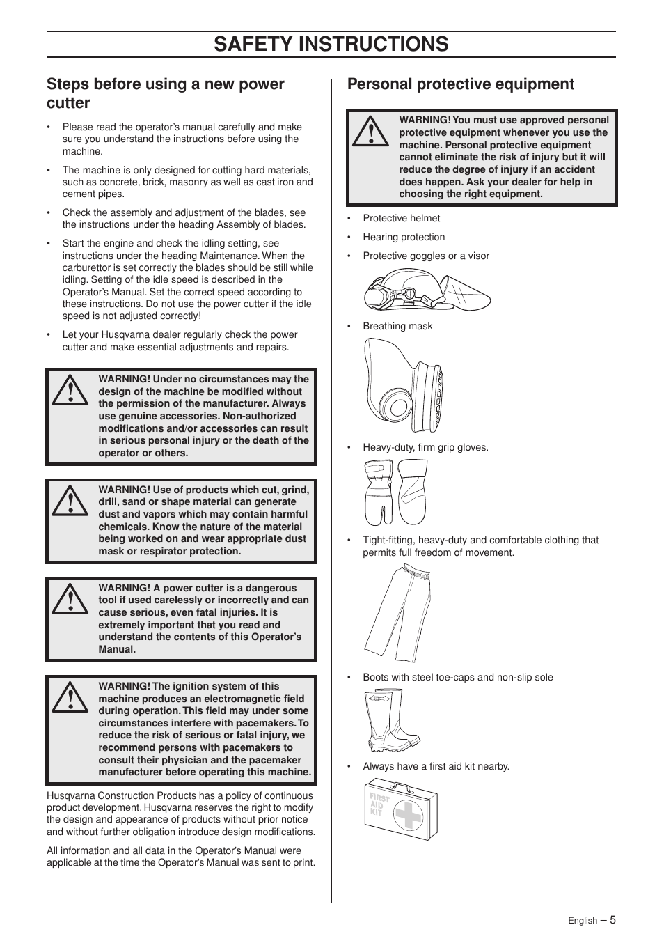 Steps before using a new power cutter, Personal protective equipment, Safety instructions | Husqvarna K650 User Manual | Page 5 / 24