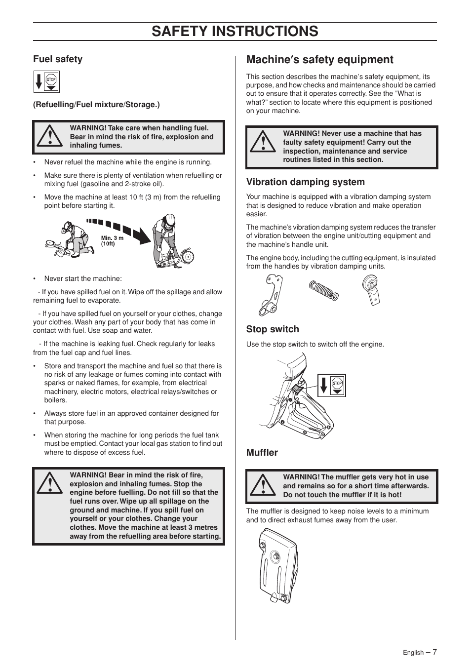 Fuel safety, Machine¢s safety equipment, Vibration damping system | Stop switch, Muffler, Safety instructions, Machine ′′′′ s safety equipment | Husqvarna K650 User Manual | Page 7 / 24