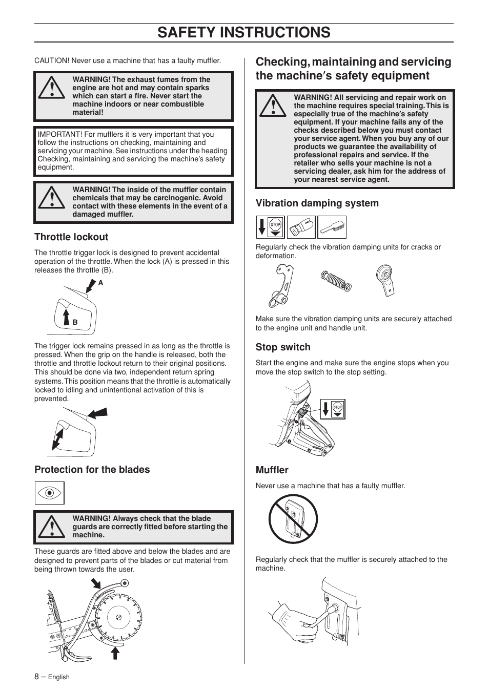 Throttle lockout, Protection for the blades, Vibration damping system | Stop switch, Muffler, Safety instructions | Husqvarna K650 User Manual | Page 8 / 24