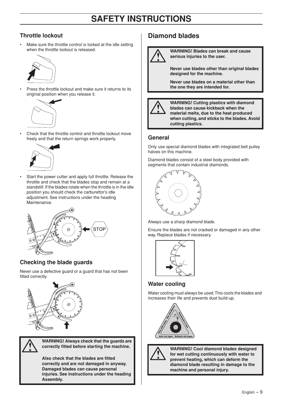 Throttle lockout, Checking the blade guards, Diamond blades | General, Water cooling, Safety instructions | Husqvarna K650 User Manual | Page 9 / 24