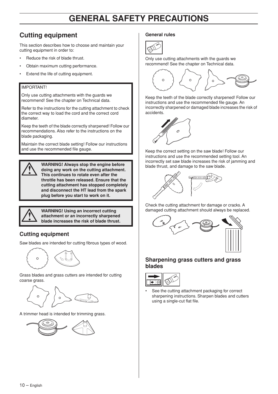 Cutting equipment, Sharpening grass cutters and grass blades, General safety precautions | Husqvarna 326R User Manual | Page 10 / 36