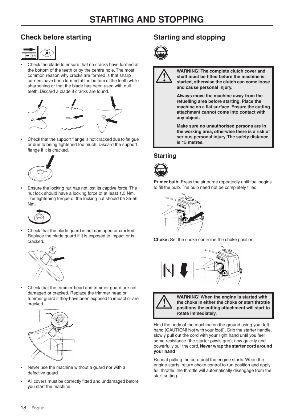 Check before starting, Starting and stopping, Starting | Husqvarna 326R User Manual | Page 18 / 36