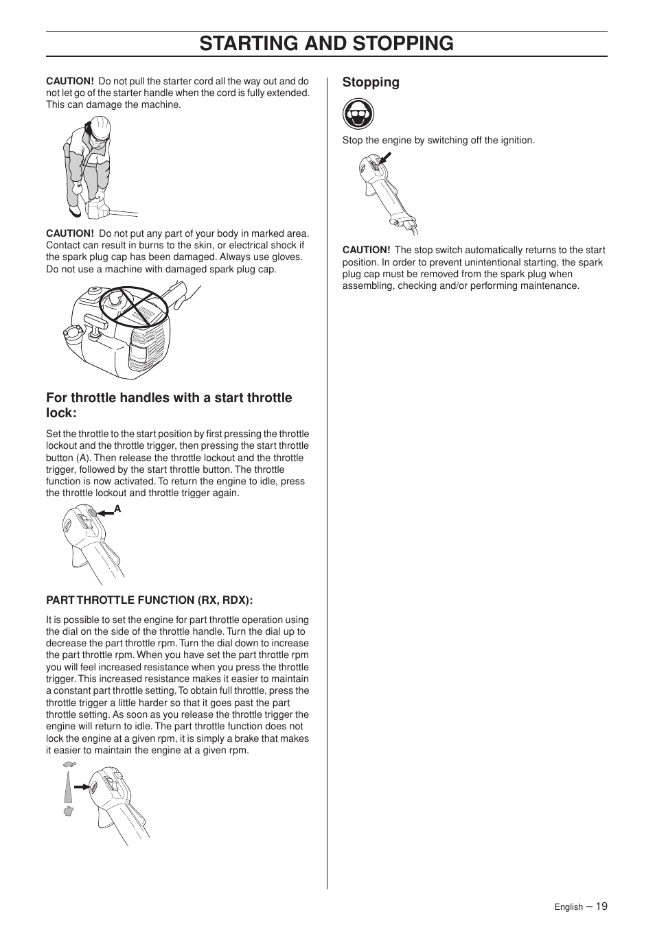 For throttle handles with a start throttle lock, Stopping, Starting and stopping | Husqvarna 326R User Manual | Page 19 / 36