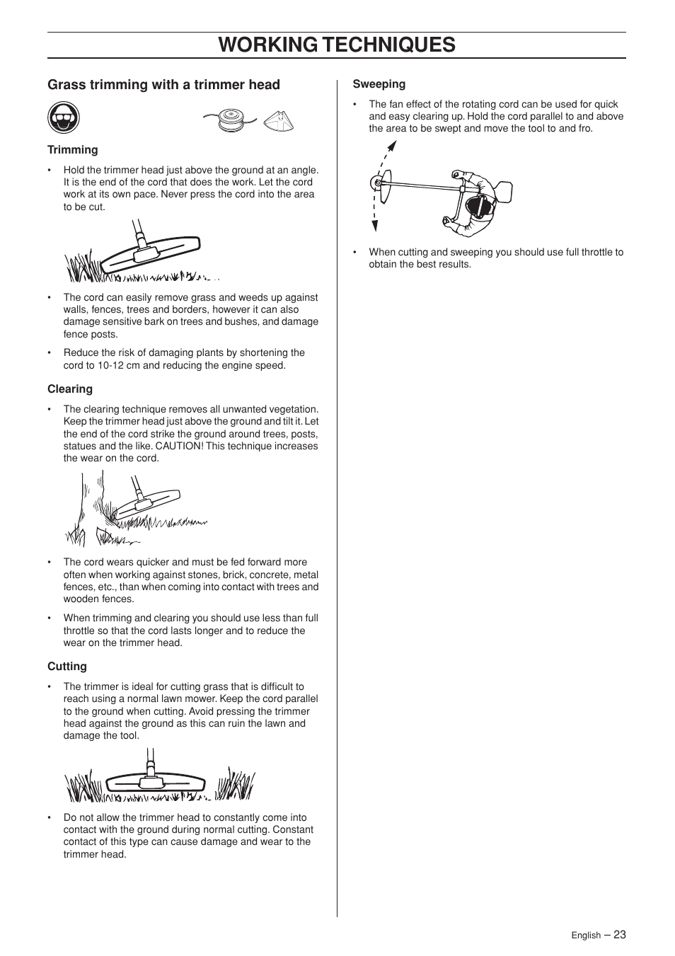 Grass trimming with a trimmer head, Working techniques | Husqvarna 326R User Manual | Page 23 / 36