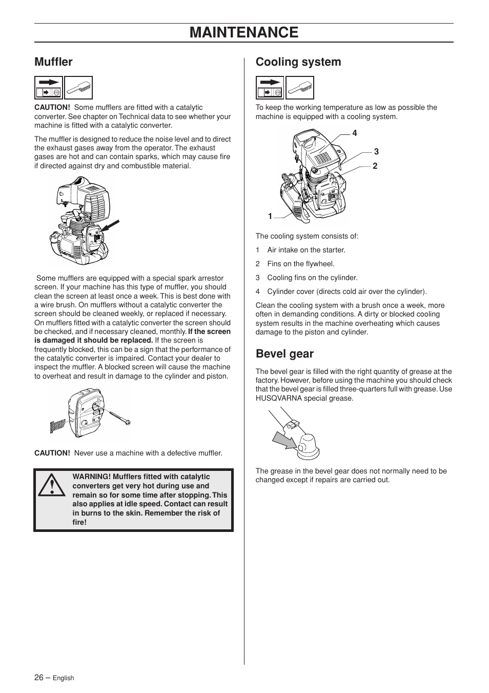 Muffler, Cooling system, Bevel gear | Maintenance | Husqvarna 326R User Manual | Page 26 / 36