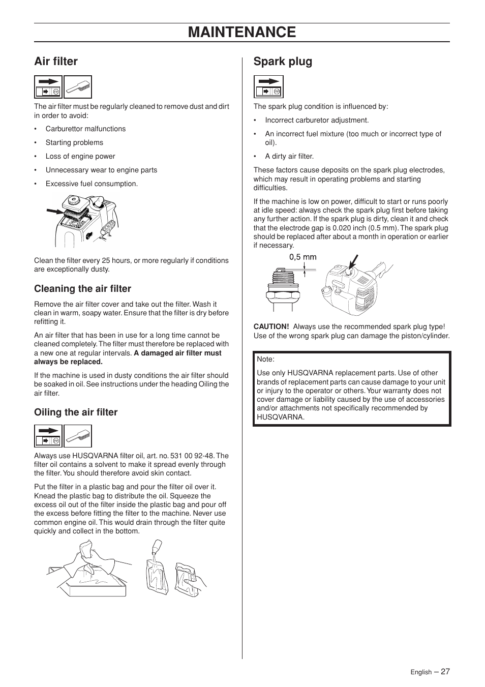 Air filter, Cleaning the air filter, Oiling the air filter | Spark plug, Maintenance | Husqvarna 326R User Manual | Page 27 / 36