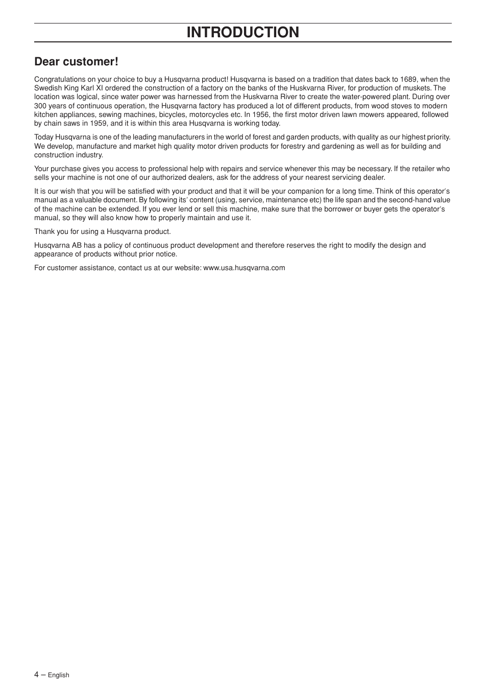 Dear customer, Intr oduction | Husqvarna 326R User Manual | Page 4 / 36