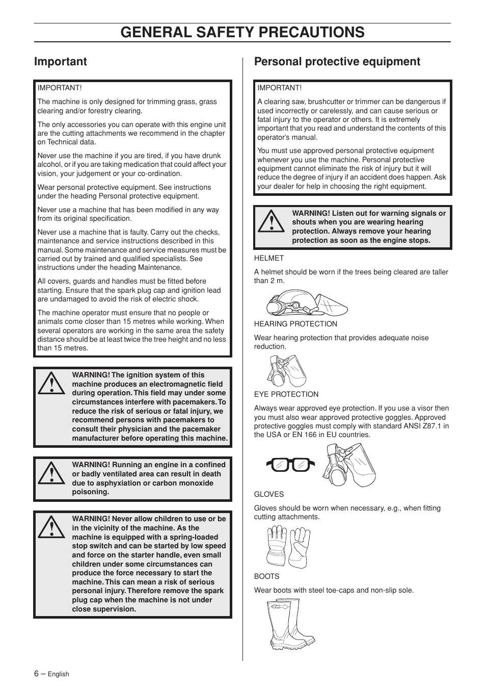 Important, Personal protective equipment, General safety preca utions | Impor tant personal protective equipment | Husqvarna 326R User Manual | Page 6 / 36