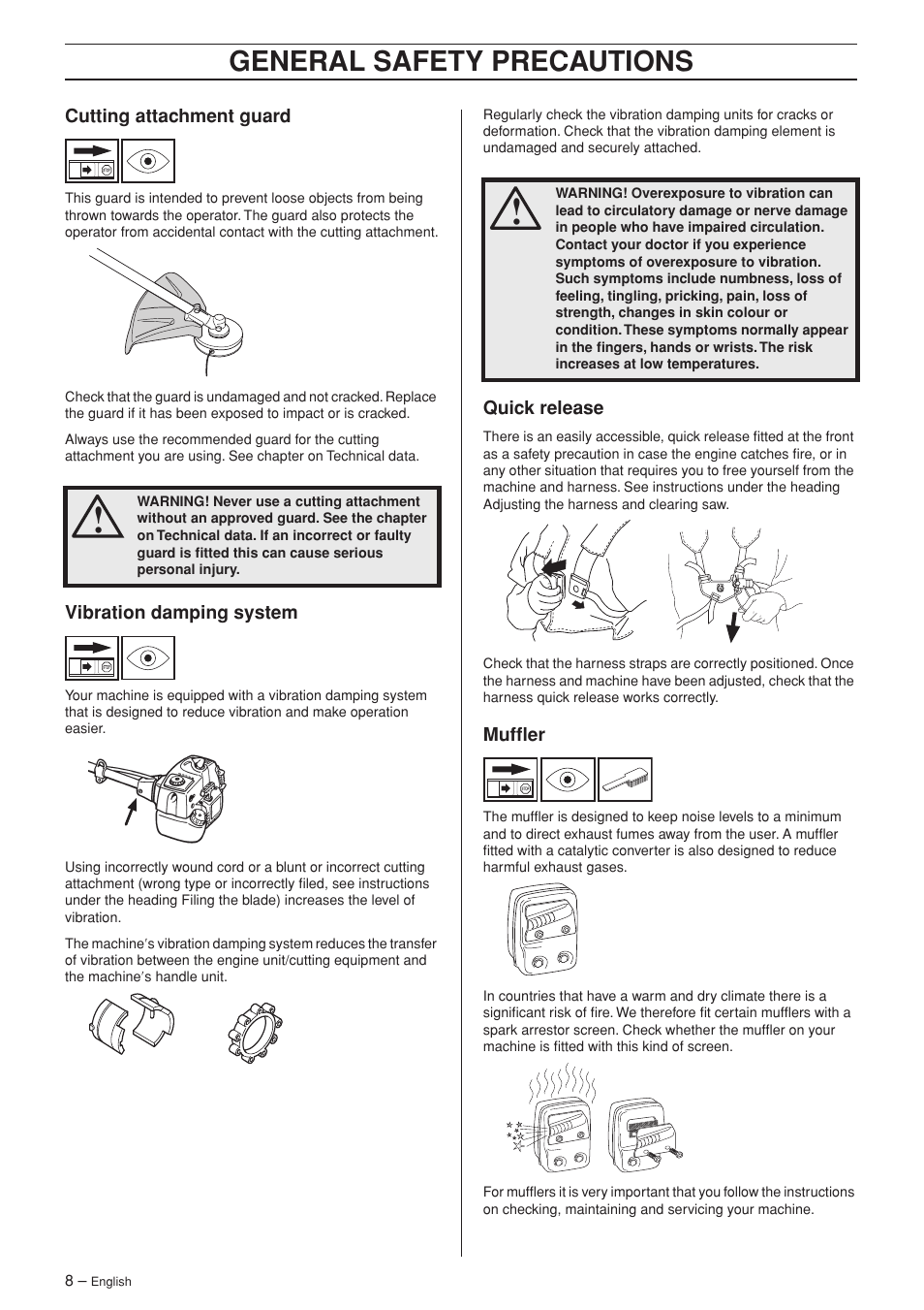 Cutting attachment guard, Vibration damping system, Quick release | Muffler, General safety precautions | Husqvarna 326R User Manual | Page 8 / 36