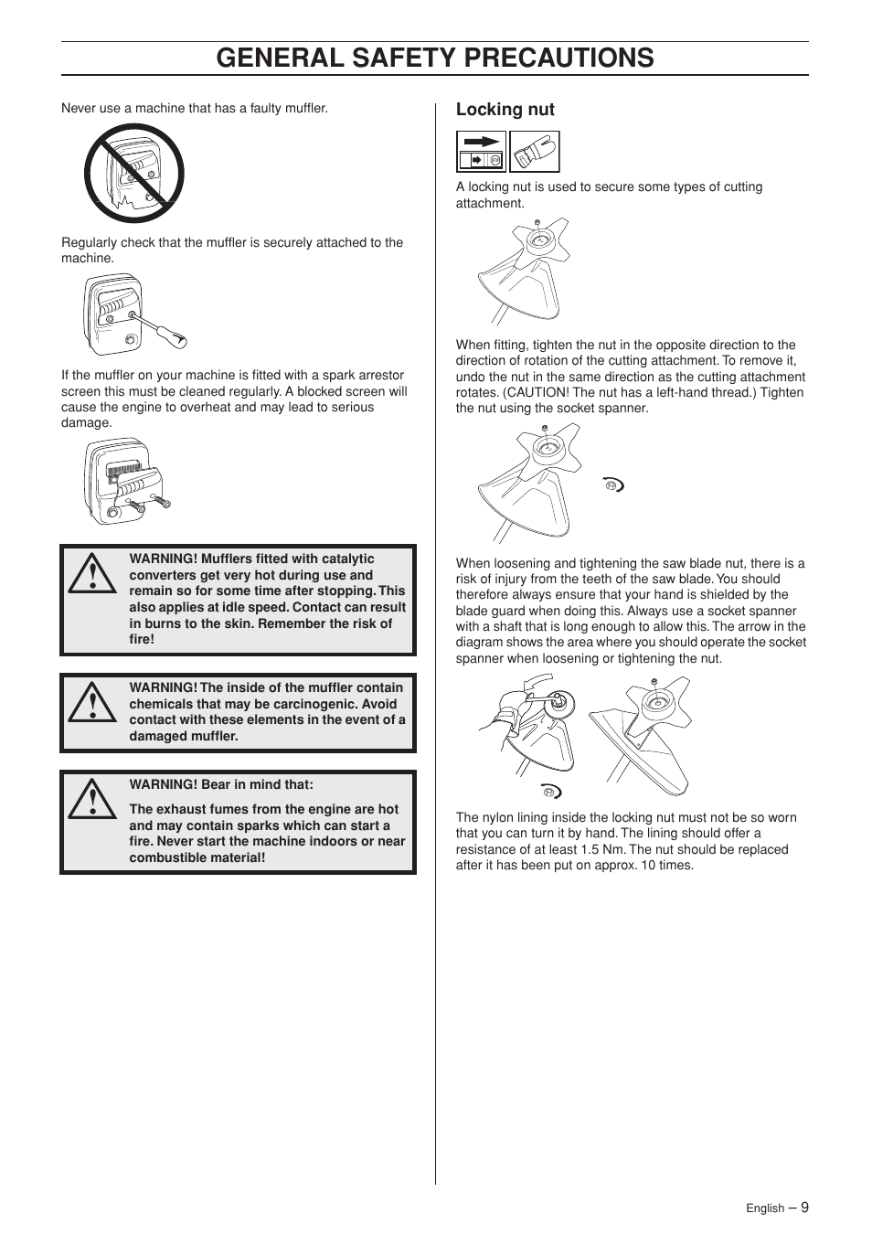 Locking nut, General safety precautions | Husqvarna 326R User Manual | Page 9 / 36