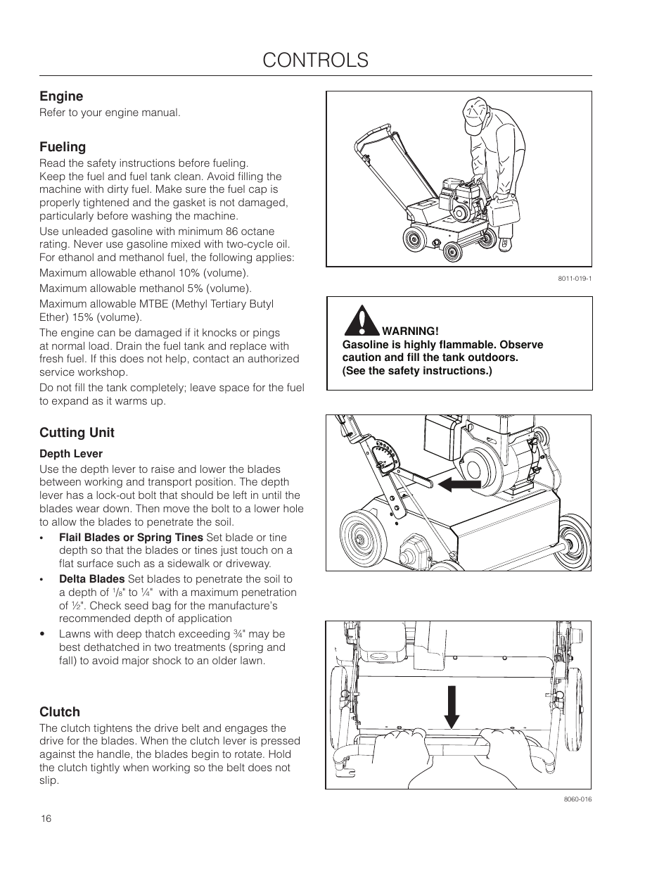 Engine, Fueling, Cutting unit | Depth lever, Clutch, Controls | Husqvarna SD22B5DSA User Manual | Page 16 / 36