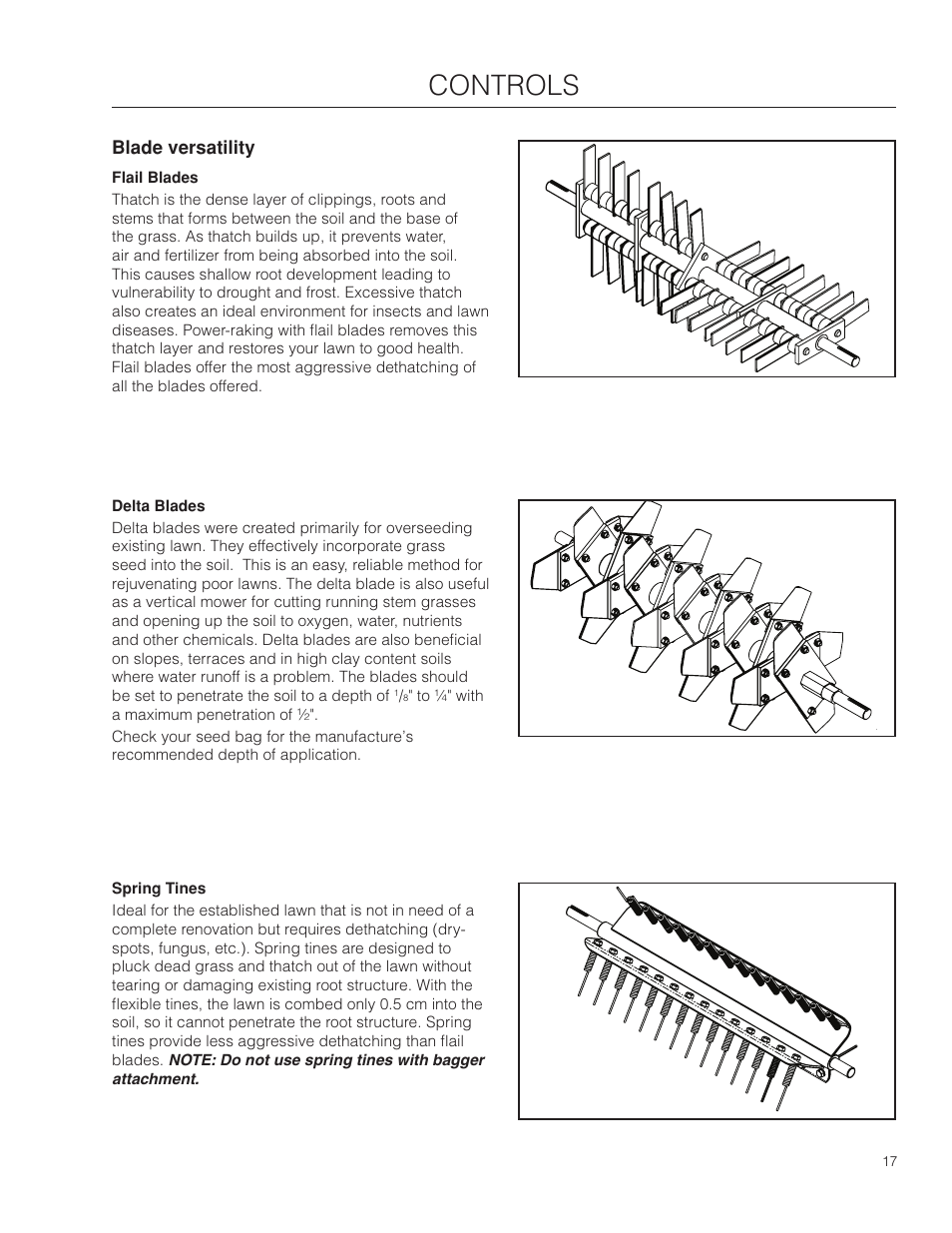 Blade versatility, Flail blades, Delta blades | Spring tines, Controls | Husqvarna SD22B5DSA User Manual | Page 17 / 36