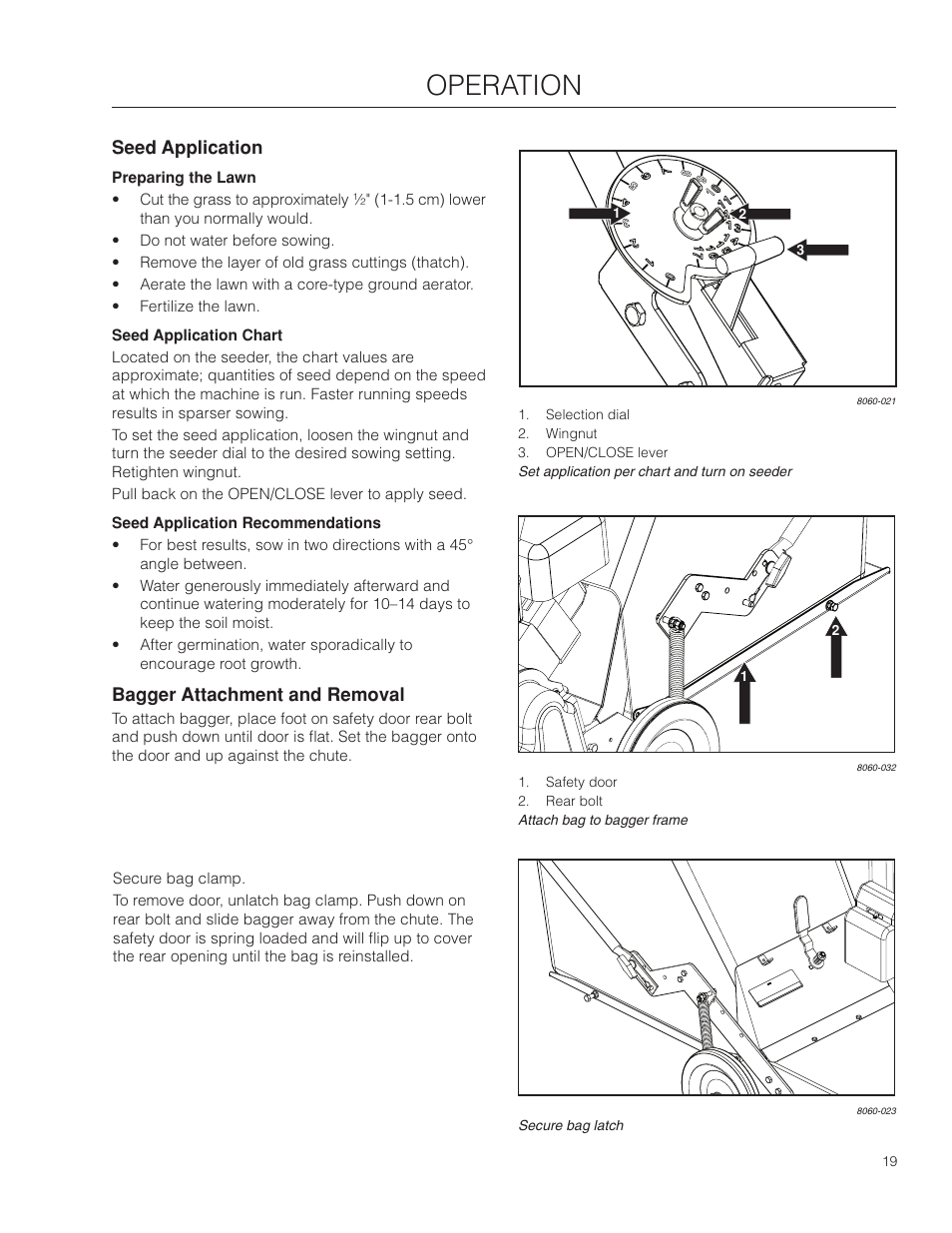 Seed application, Preparing the lawn, Seed application chart | Seed application recommendations, Bagger attachment and removal, Operation | Husqvarna SD22B5DSA User Manual | Page 19 / 36