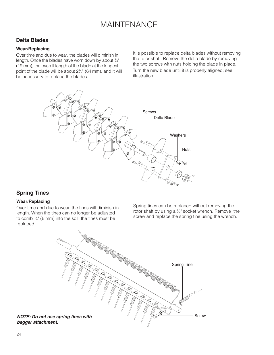 Delta blades, Spring tines, Maintenance | Husqvarna SD22B5DSA User Manual | Page 24 / 36