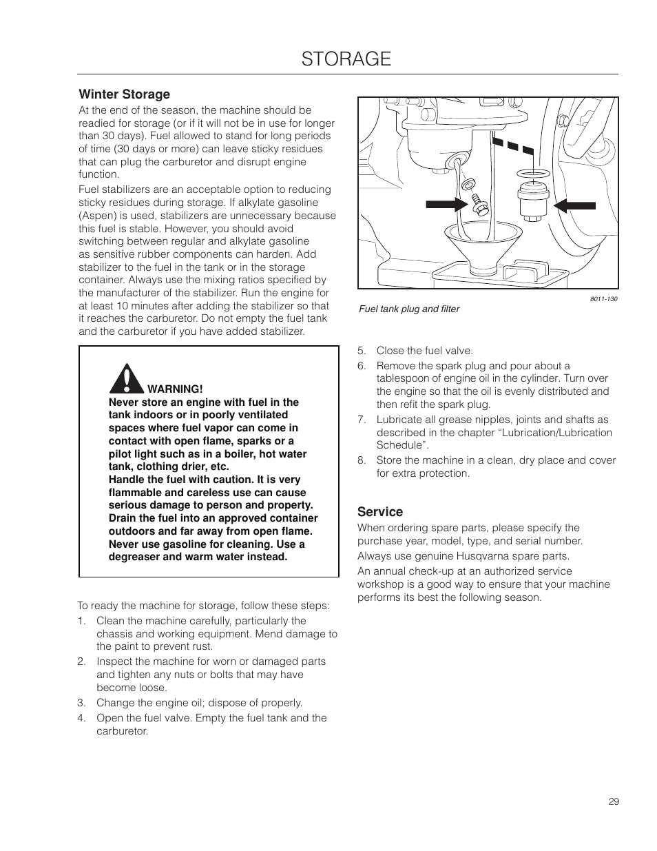 Storage, Winter storage, Service | Husqvarna SD22B5DSA User Manual | Page 29 / 36