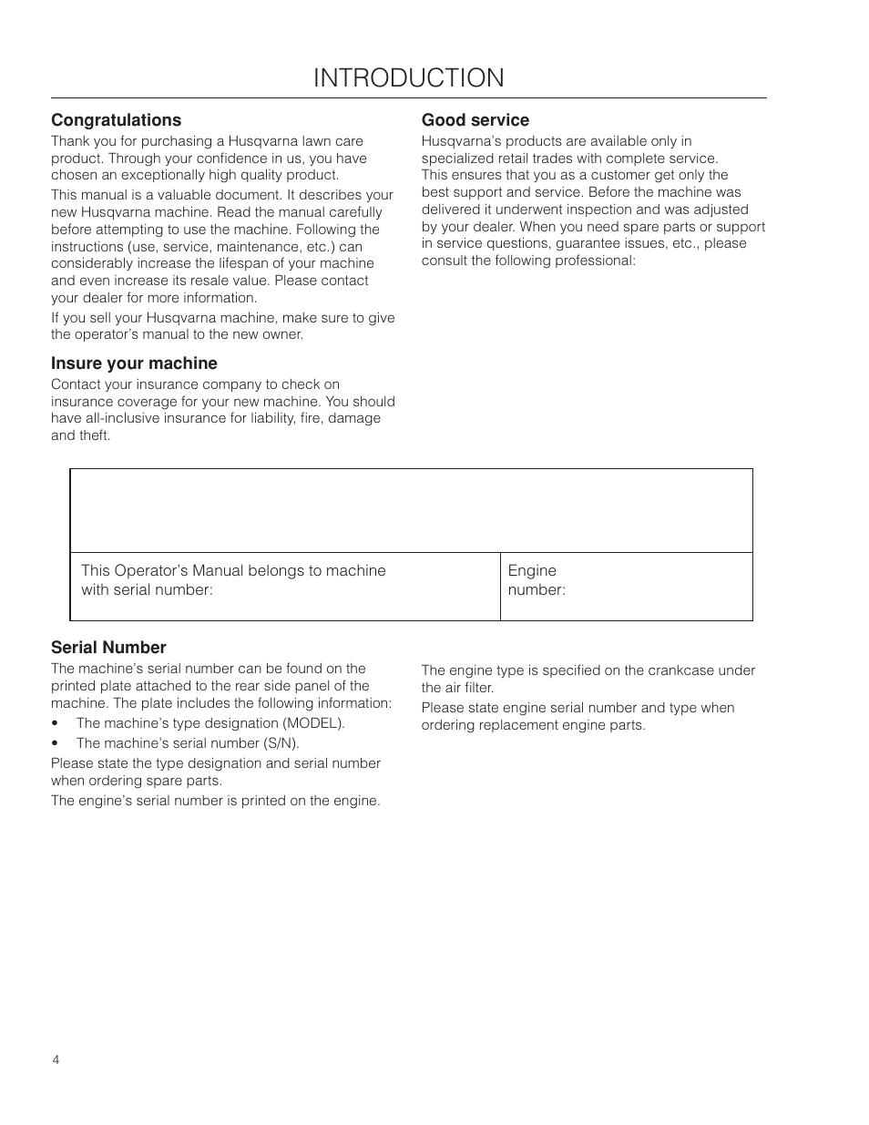 Introduction, Good service, Serial number | Husqvarna SD22B5DSA User Manual | Page 4 / 36
