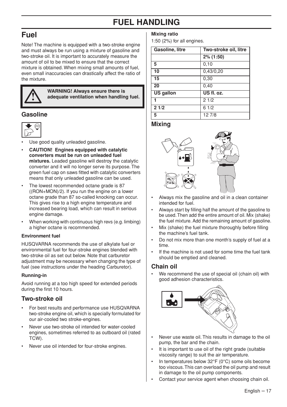 Fuel, Gasoline, Two-stroke oil | Mixing, Chain oil, Fuel handling | Husqvarna 576 XP EPA II User Manual | Page 17 / 45