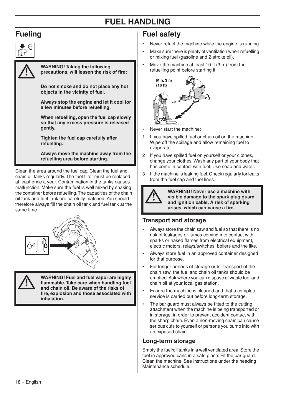 Fueling, Fuel safety, Transport and storage | Long-term storage, Fuel handling | Husqvarna 576 XP EPA II User Manual | Page 18 / 45