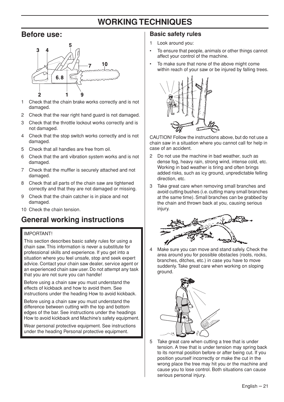 Before use, General working instructions, Basic safety rules | Working techniques | Husqvarna 576 XP EPA II User Manual | Page 21 / 45