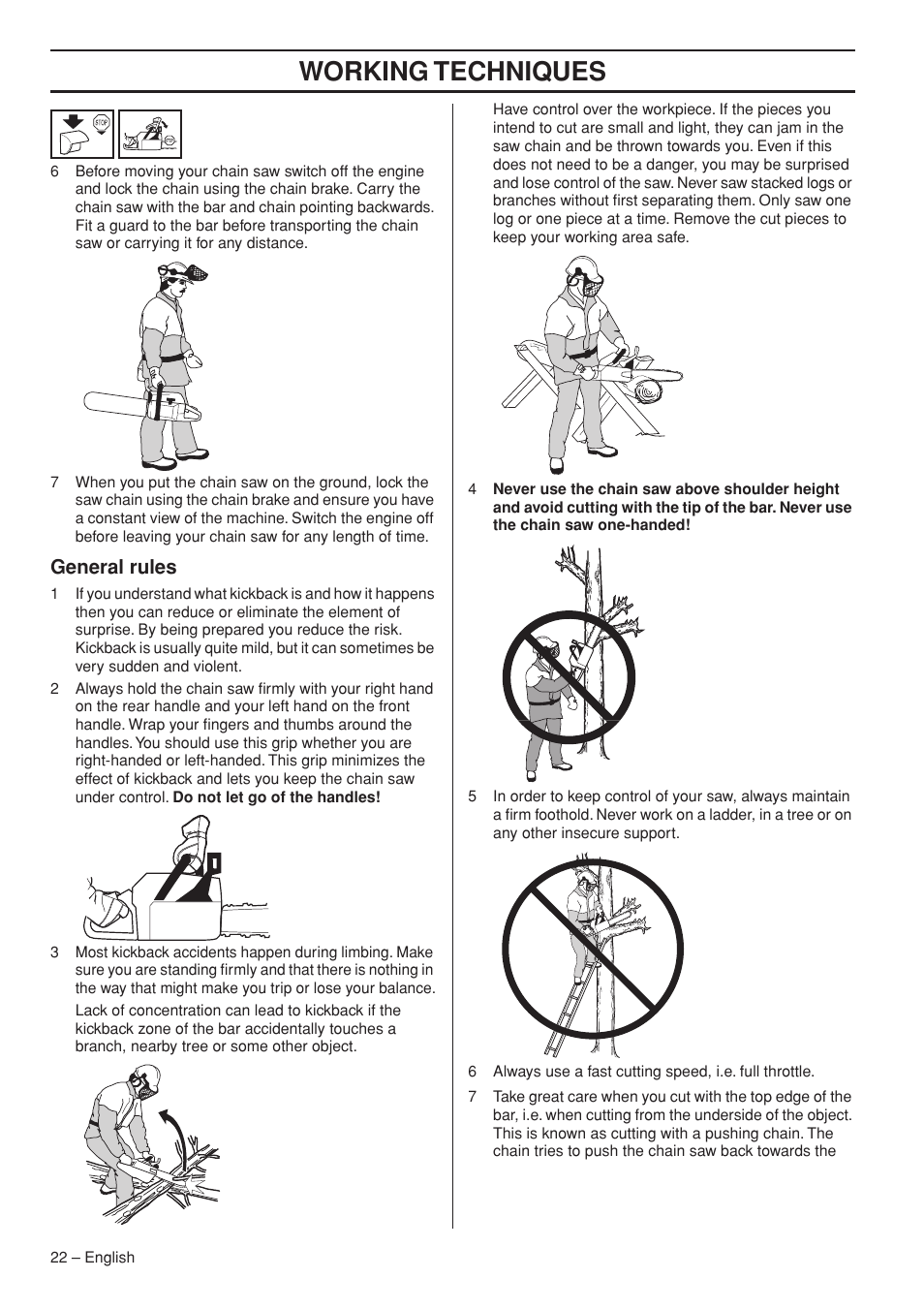 General rules, Working techniques | Husqvarna 576 XP EPA II User Manual | Page 22 / 45