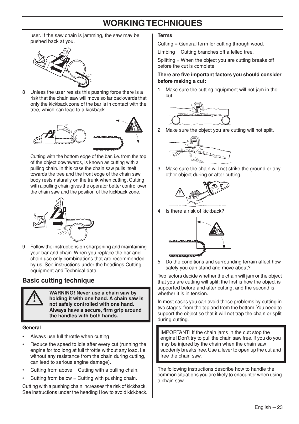 Basic cutting technique, Working techniques | Husqvarna 576 XP EPA II User Manual | Page 23 / 45