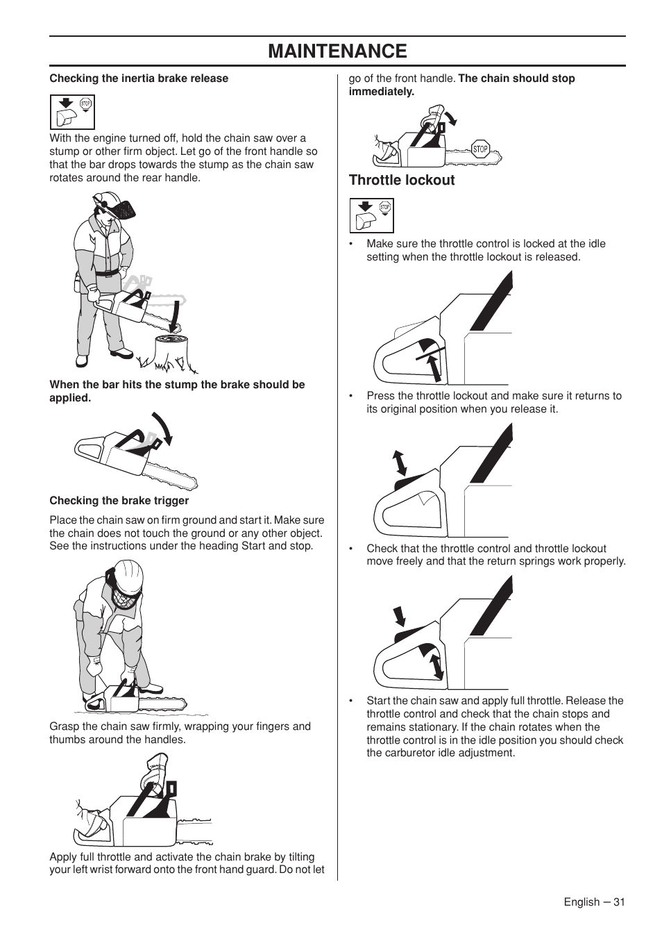 Throttle lockout, Maintenance | Husqvarna 576 XP EPA II User Manual | Page 31 / 45