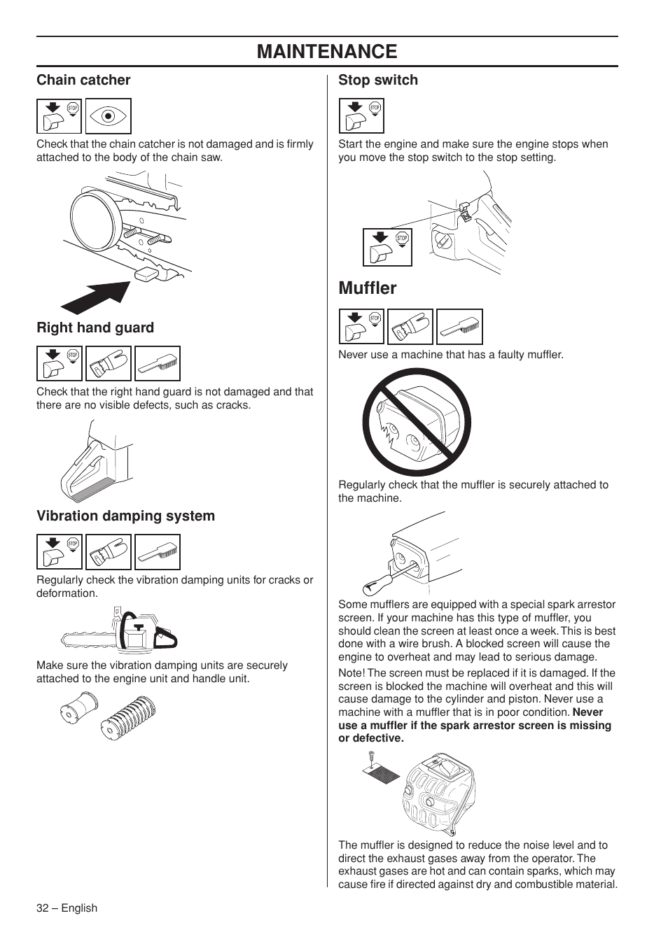 Chain catcher, Right hand guard, Vibration damping system | Stop switch, Muffler, Maintenance | Husqvarna 576 XP EPA II User Manual | Page 32 / 45