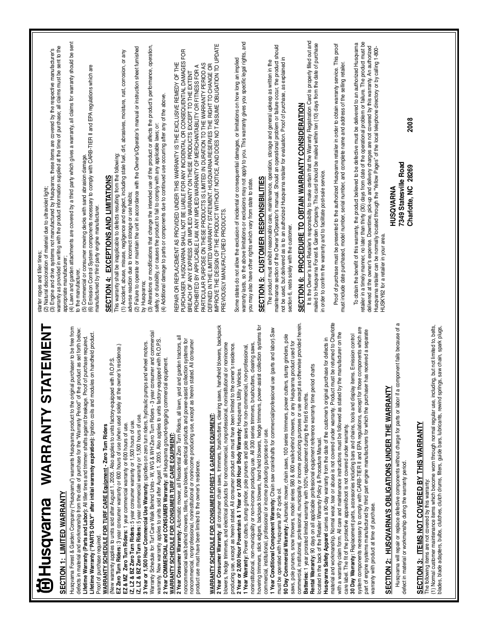 Warranty st atement, Se ct io n 1: l im it ed w ar ra nt y | Husqvarna 576 XP EPA II User Manual | Page 44 / 45