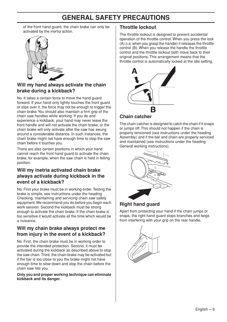 Throttle lockout, Chain catcher, Right hand guard | General safety precautions | Husqvarna 576 XP EPA II User Manual | Page 9 / 45