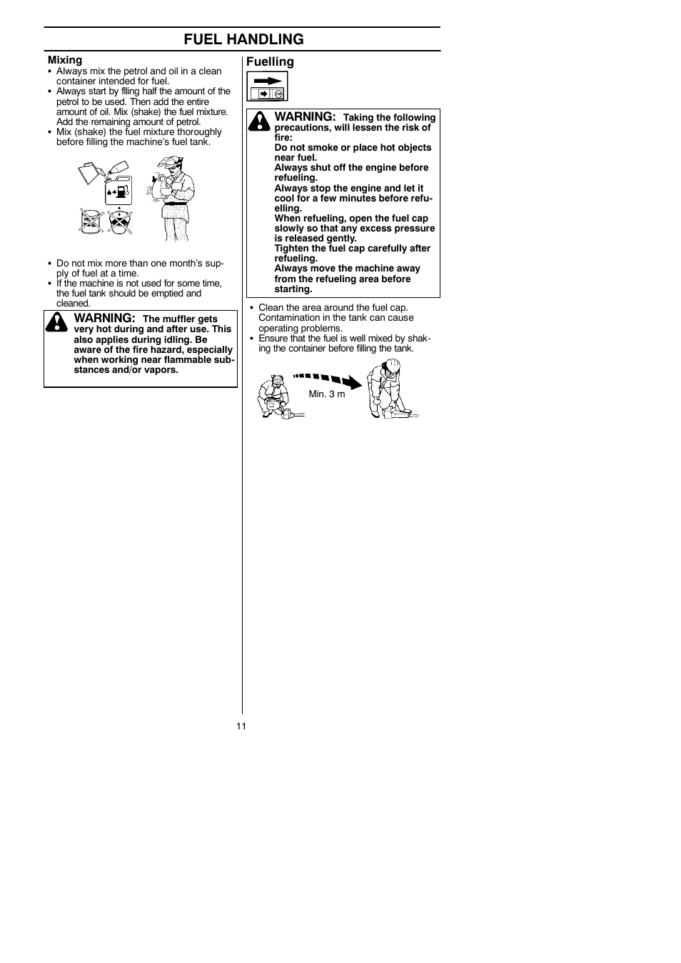 Fuel handling, Warning, Fuelling warning | Husqvarna 125LDx User Manual | Page 11 / 23