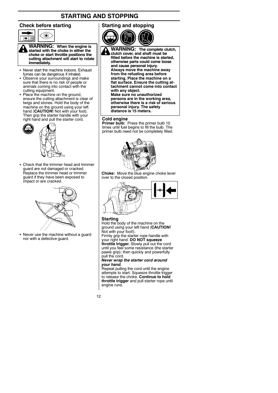 Starting and stopping, Check before starting, Warning | Husqvarna 125LDx User Manual | Page 12 / 23