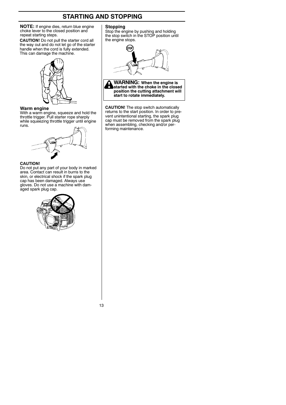 Starting and stopping, Warning | Husqvarna 125LDx User Manual | Page 13 / 23