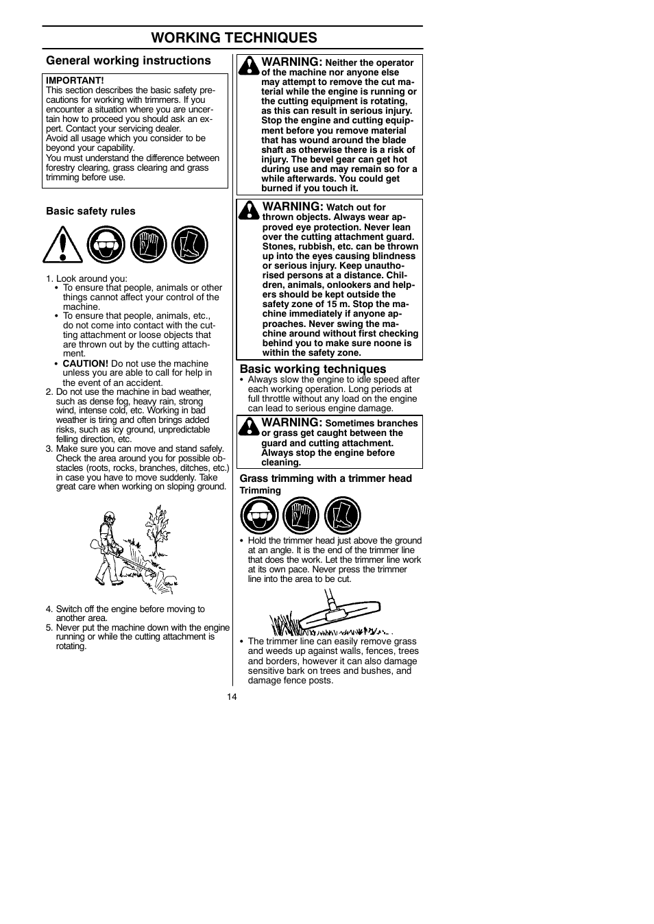 Working techniques, General working instructions, Basic working techniques | Warning | Husqvarna 125LDx User Manual | Page 14 / 23