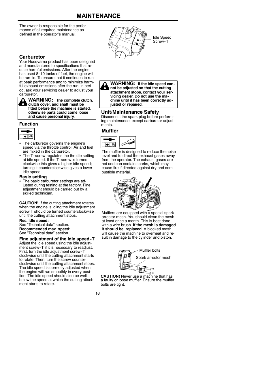 Maintenance, Carburetor, Warning | Unit/maintenance safety, Muffler | Husqvarna 125LDx User Manual | Page 16 / 23