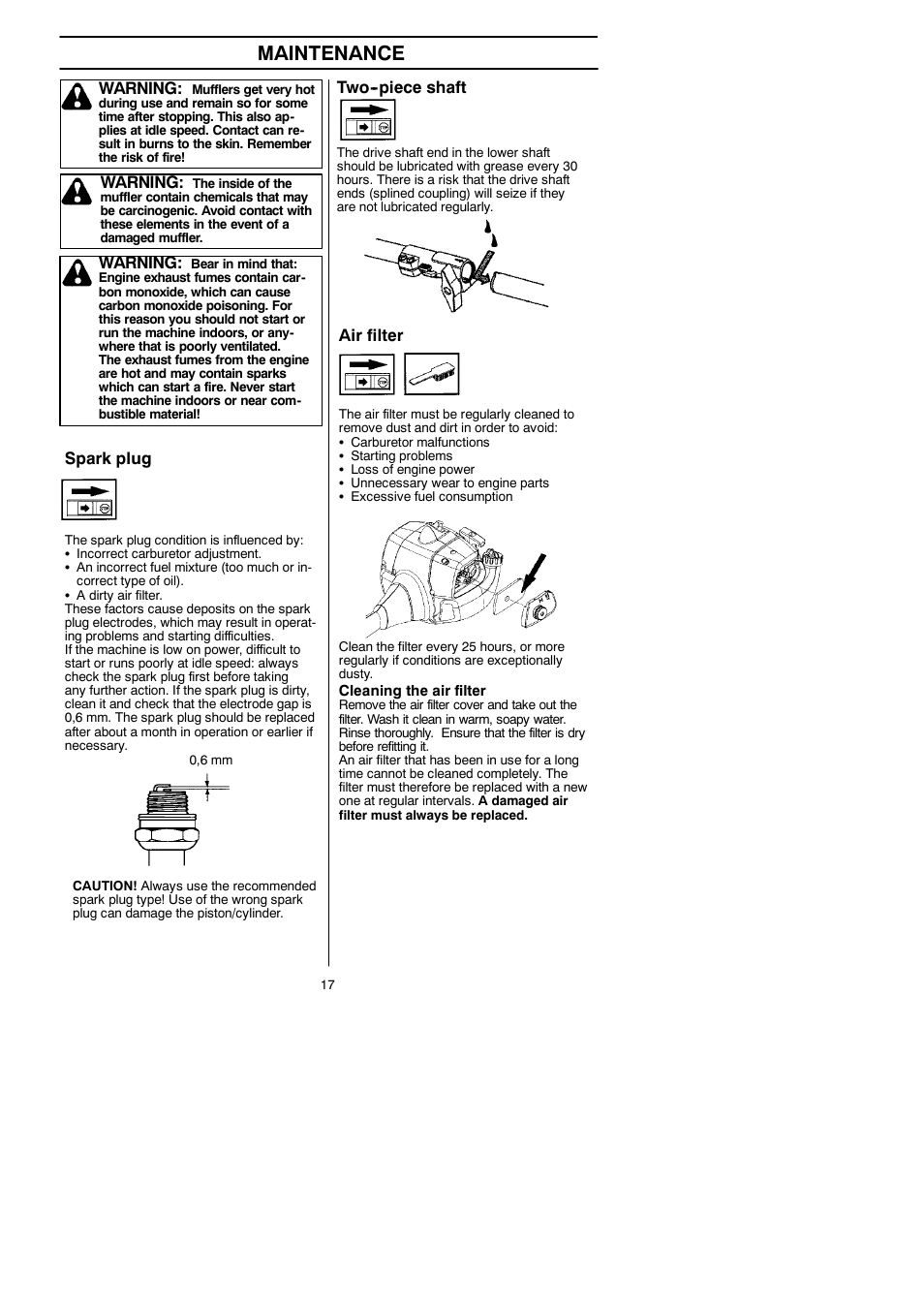 Maintenance, Two--piece shaft, Warning | Spark plug, Air filter | Husqvarna 125LDx User Manual | Page 17 / 23