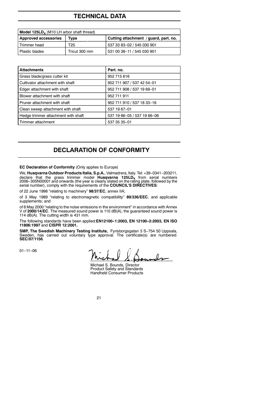 Technical data, Declaration of conformity | Husqvarna 125LDx User Manual | Page 21 / 23